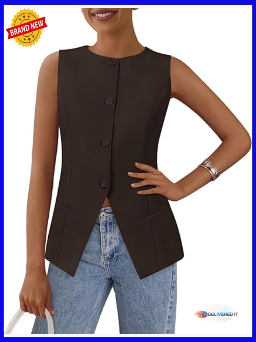 Women's Sleeveless Button Down Suit Vest - Business Casual Blazer Top